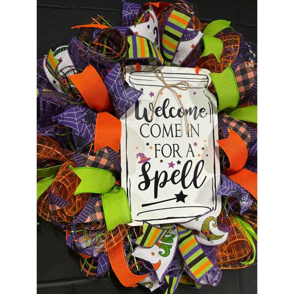 Halloween Witch Wreath Orange Purple Green Deco Mesh Handmade 24 Inch - Picture 2 of 4